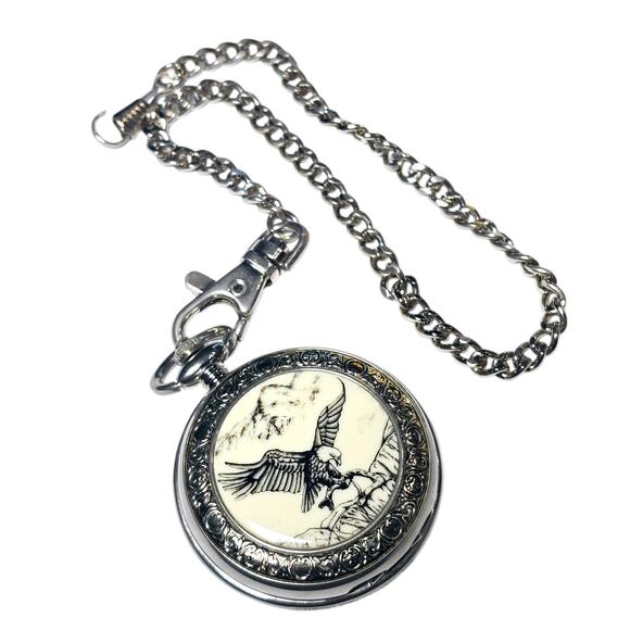 Soaring Eagle Pocket Watch Silver Tone Quartz Chain Works New Battery Japan Mvmt - Picture 1 of 5